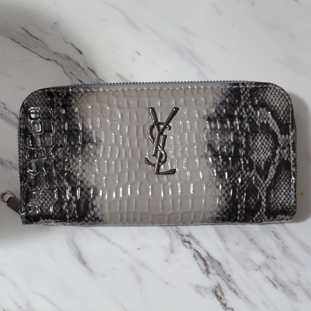 Yves Saint Laurent Black and Gray Snakeskin-Embossed Zip Wallet